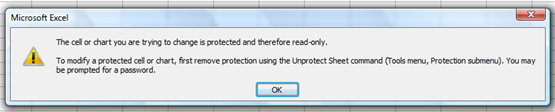 Microsoft Excel Error Message When User Tries To Edit Password Protected Sheet