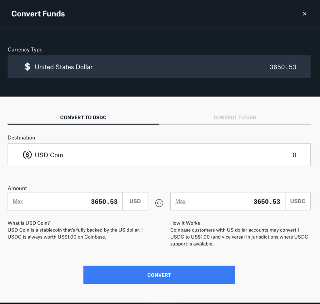 Convert USD to USDC for free on Coinbase Pro